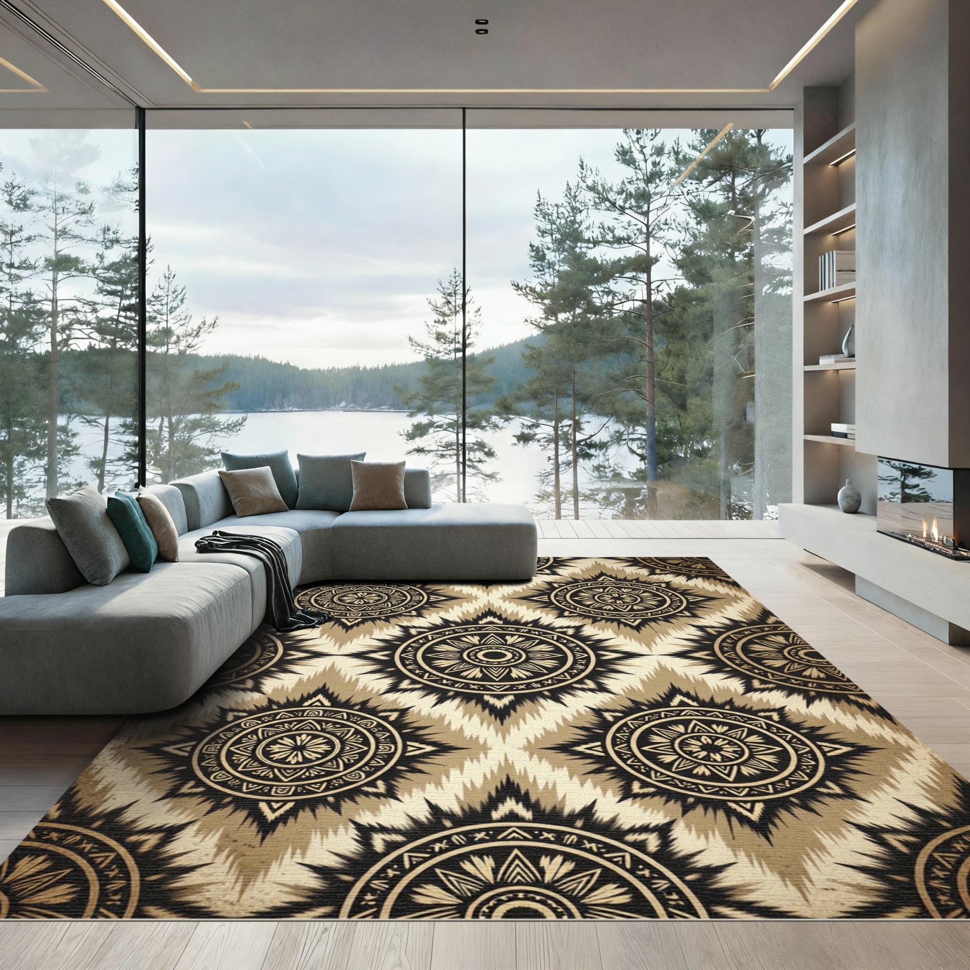 Black Golden Sunburst Ethnic Rug