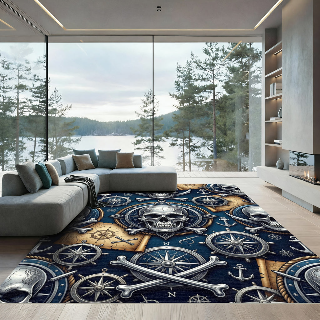 Navy Nautical Skull Compass Treasure Map Rug