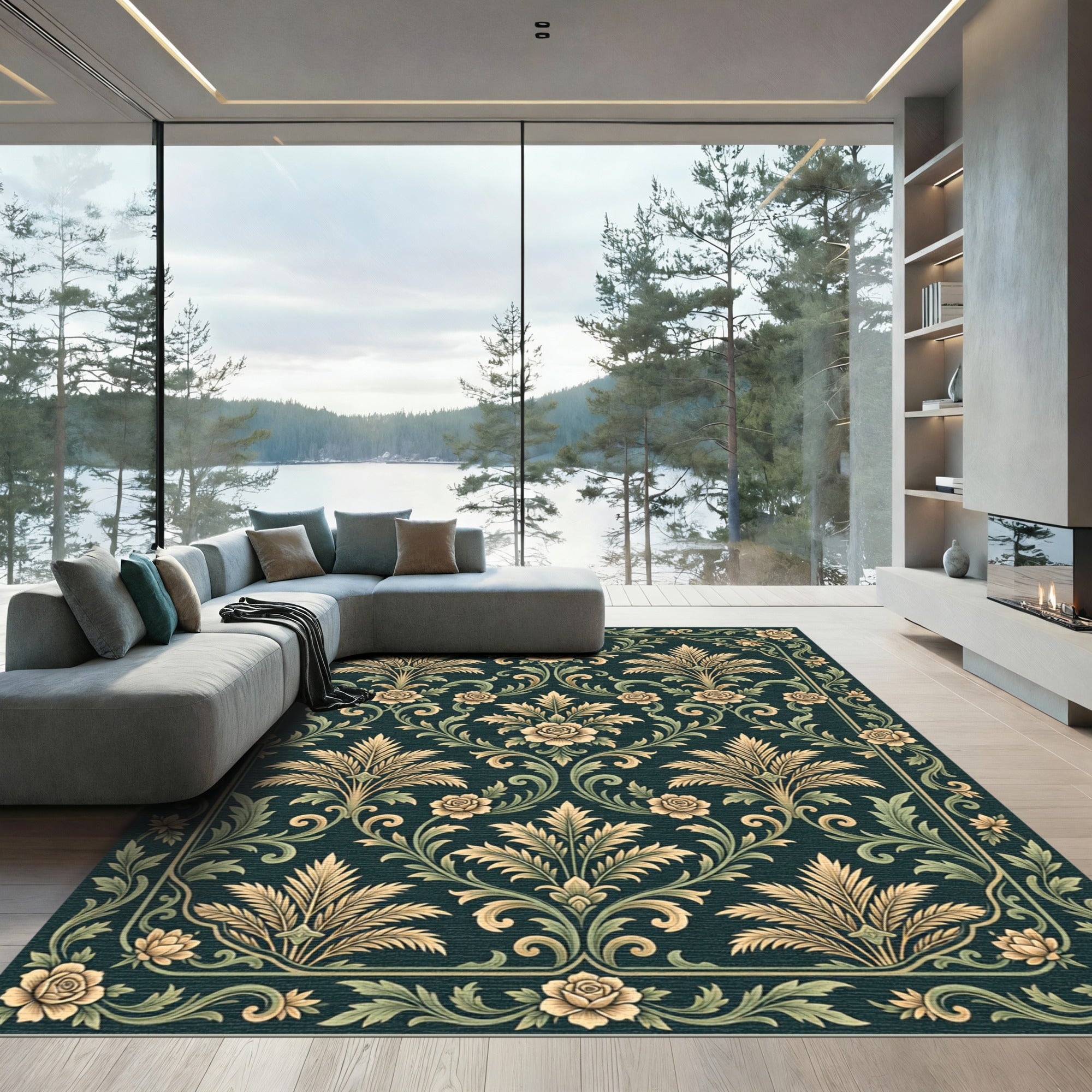 Elegant Dark Emerald Rose Damask Rug