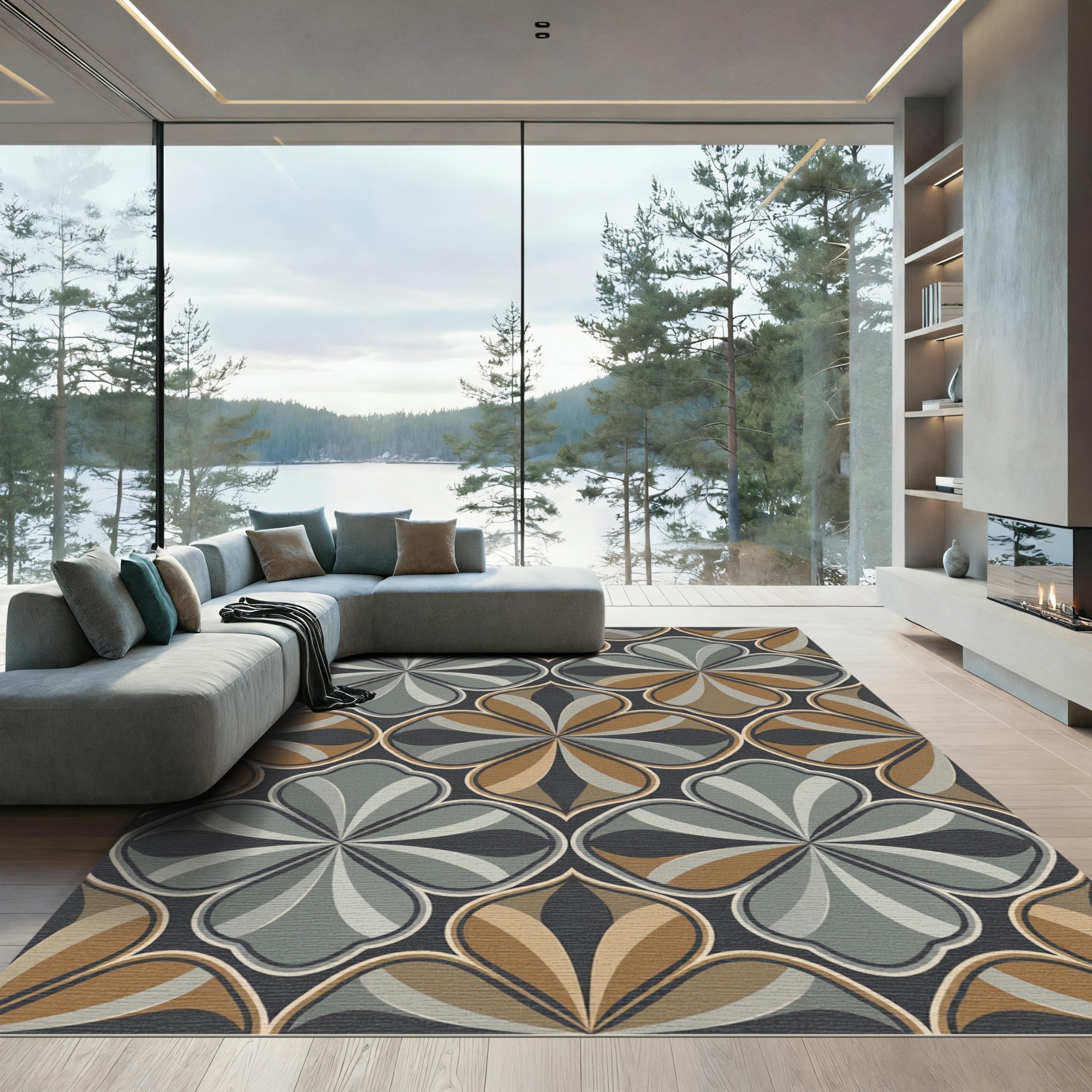 Sophisticated Earthy Toned Geometric Floral Rug