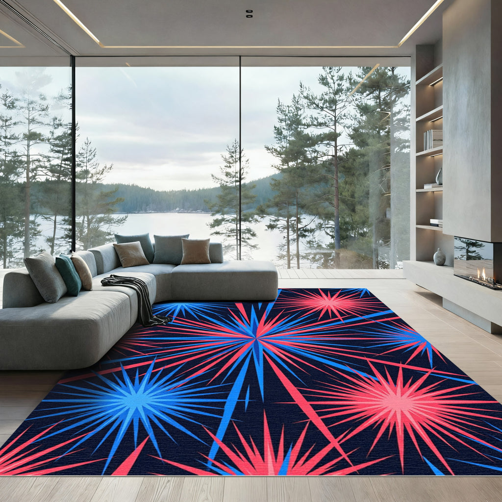 Vibrant Red and Blue Burst Star Rug