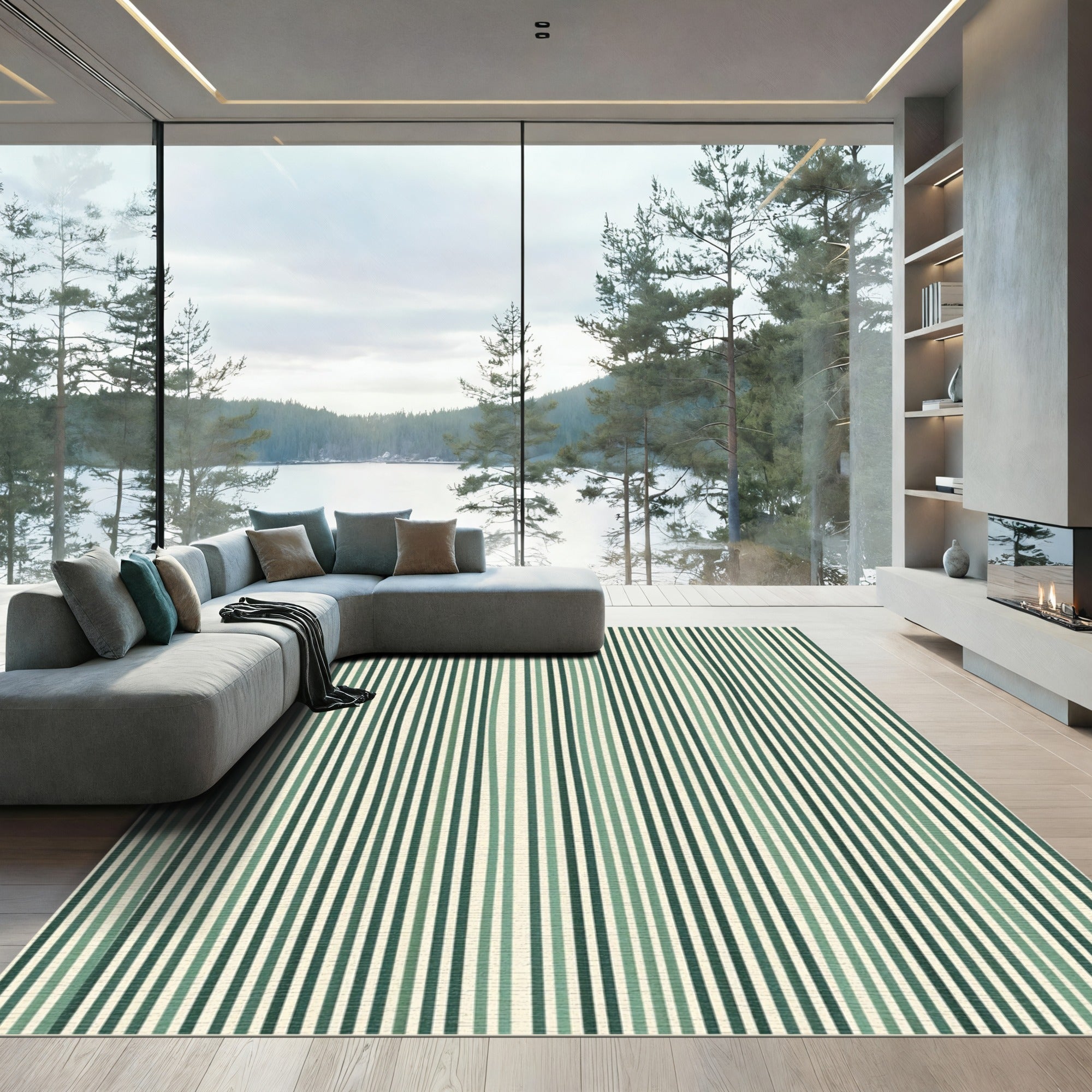 Green Vertical Wavy Line Stripe Rug