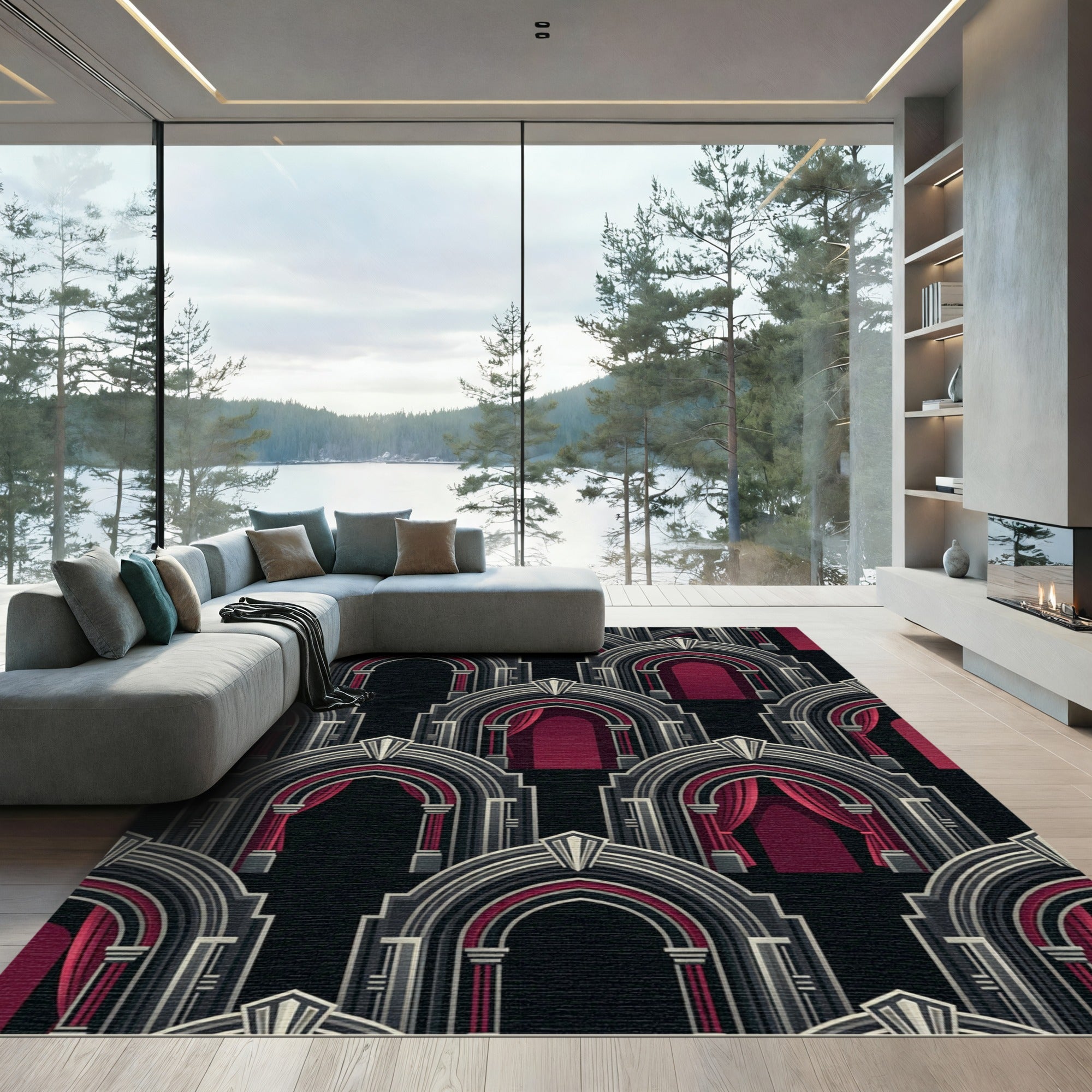 Art Deco Archway Crimson Black Gate Rug