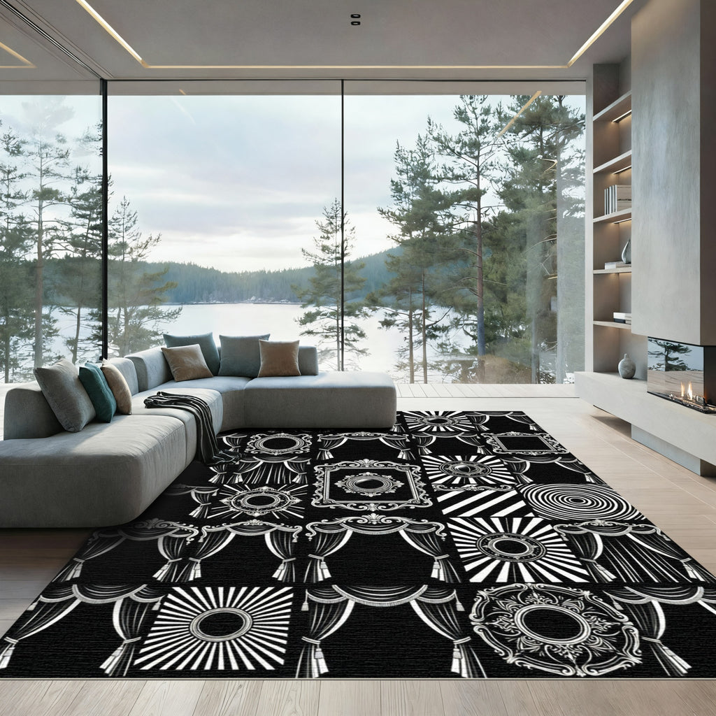 Ornate Swagged Drapes Sunburst Frame Rug