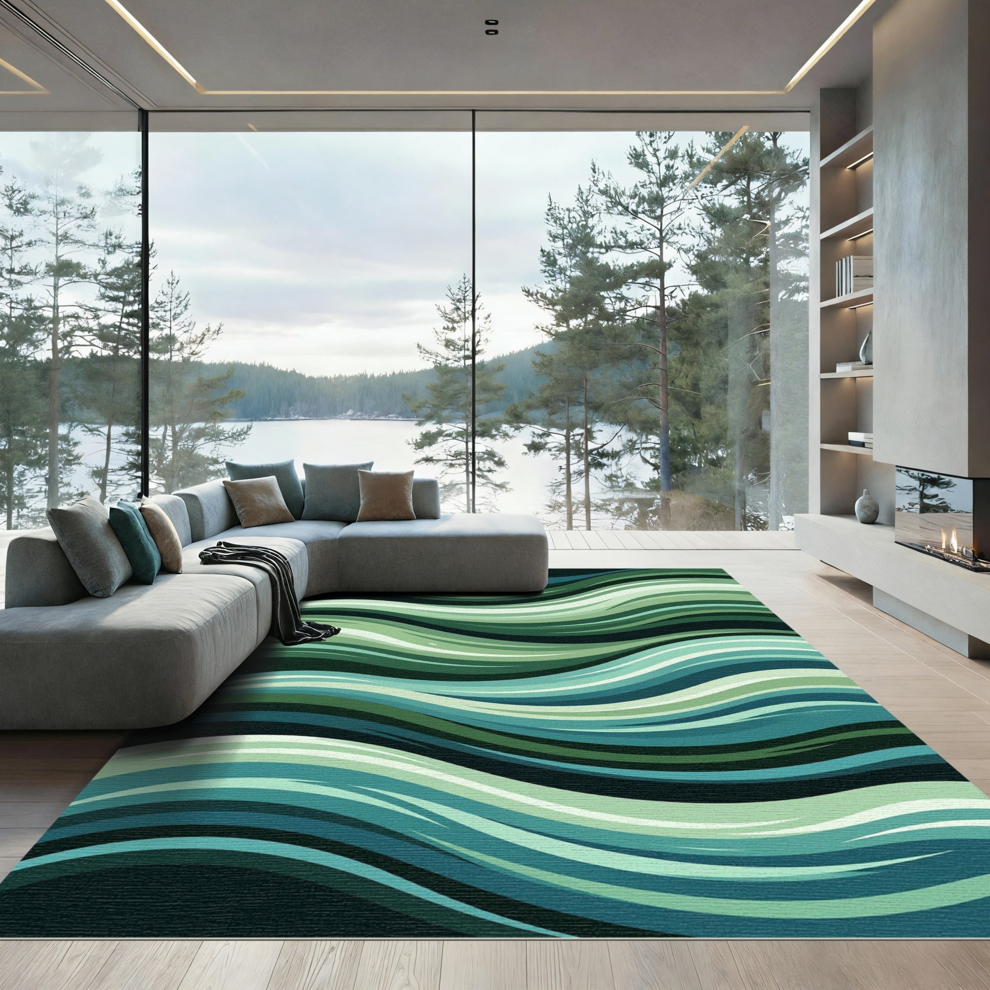 Teal Blue Green Flowing Wave Lines Rug