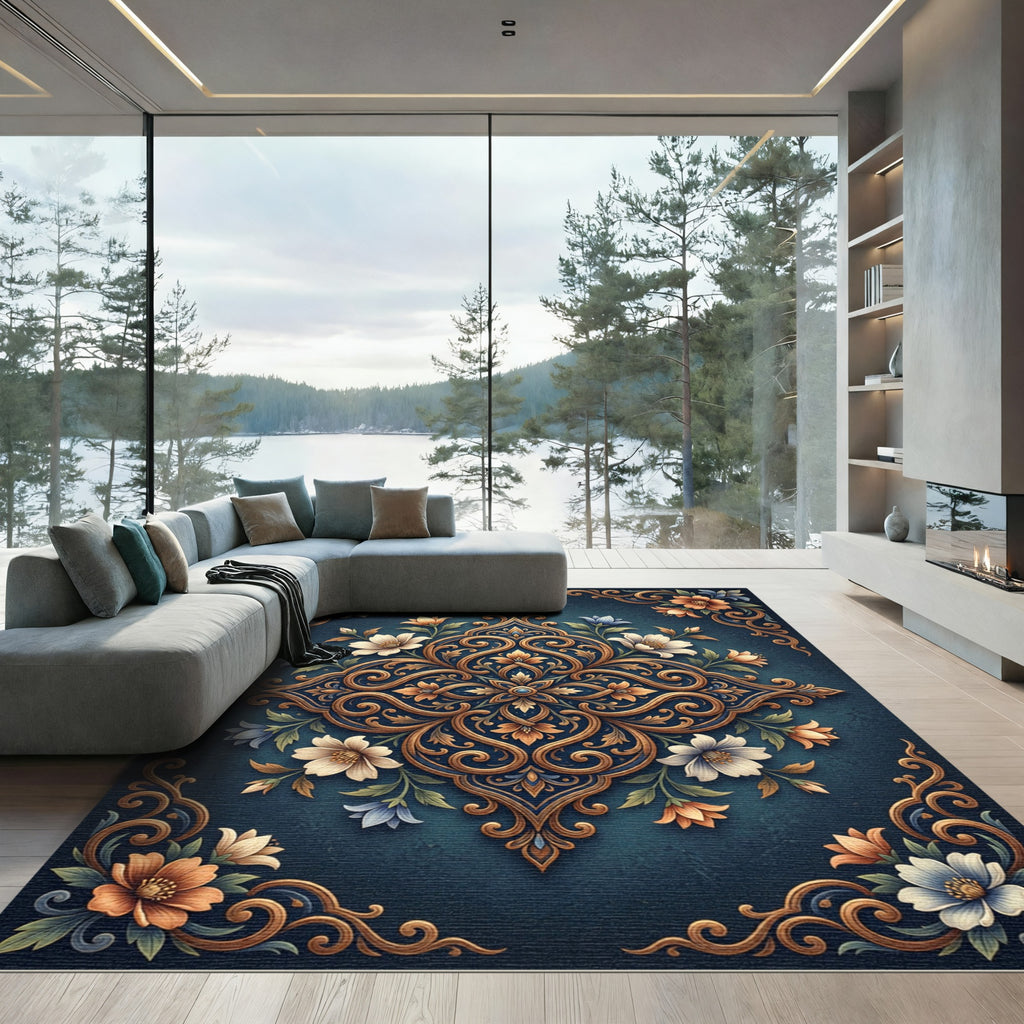 Ornate Teal Golden Floral Medallion Rug