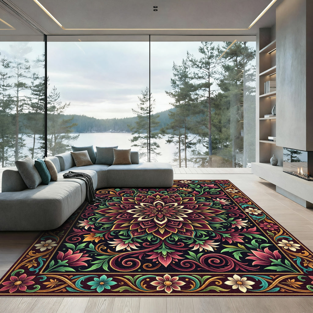 Deep Crimson Floral Mandala Swirls Rug