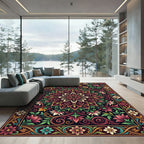 Deep Crimson Floral Mandala Swirls Rug