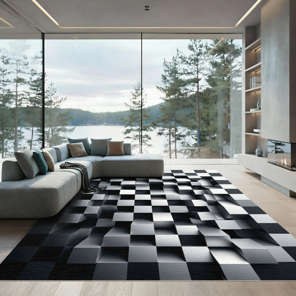 Monochromatic 3D Metallic Cubic Illusion Rug