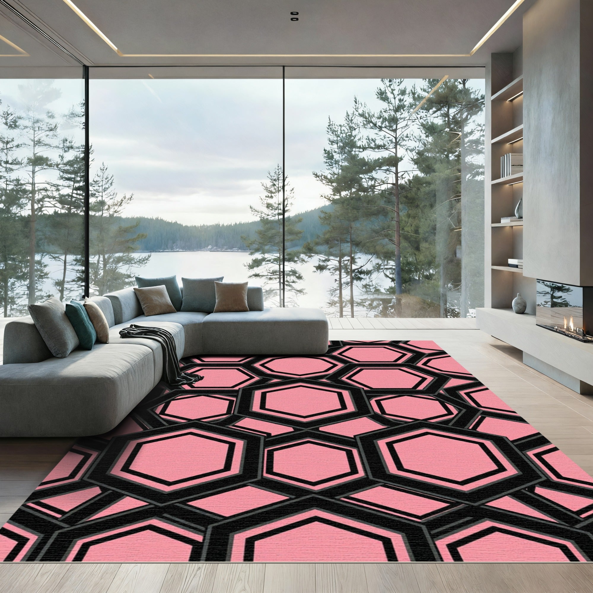 Sophisticated Pink and Black Geometric Hexagon Rug