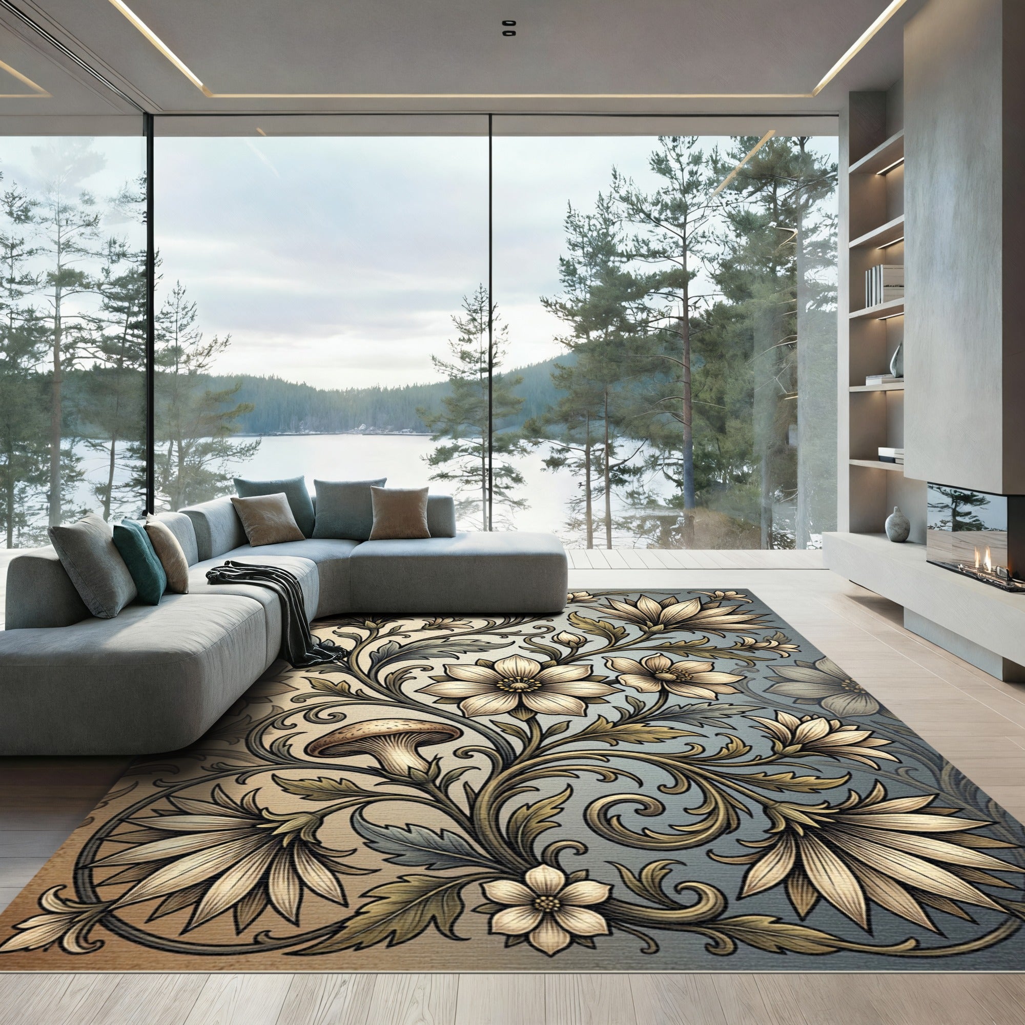 Vintage Floral Swirl Mushroom Motif Rug