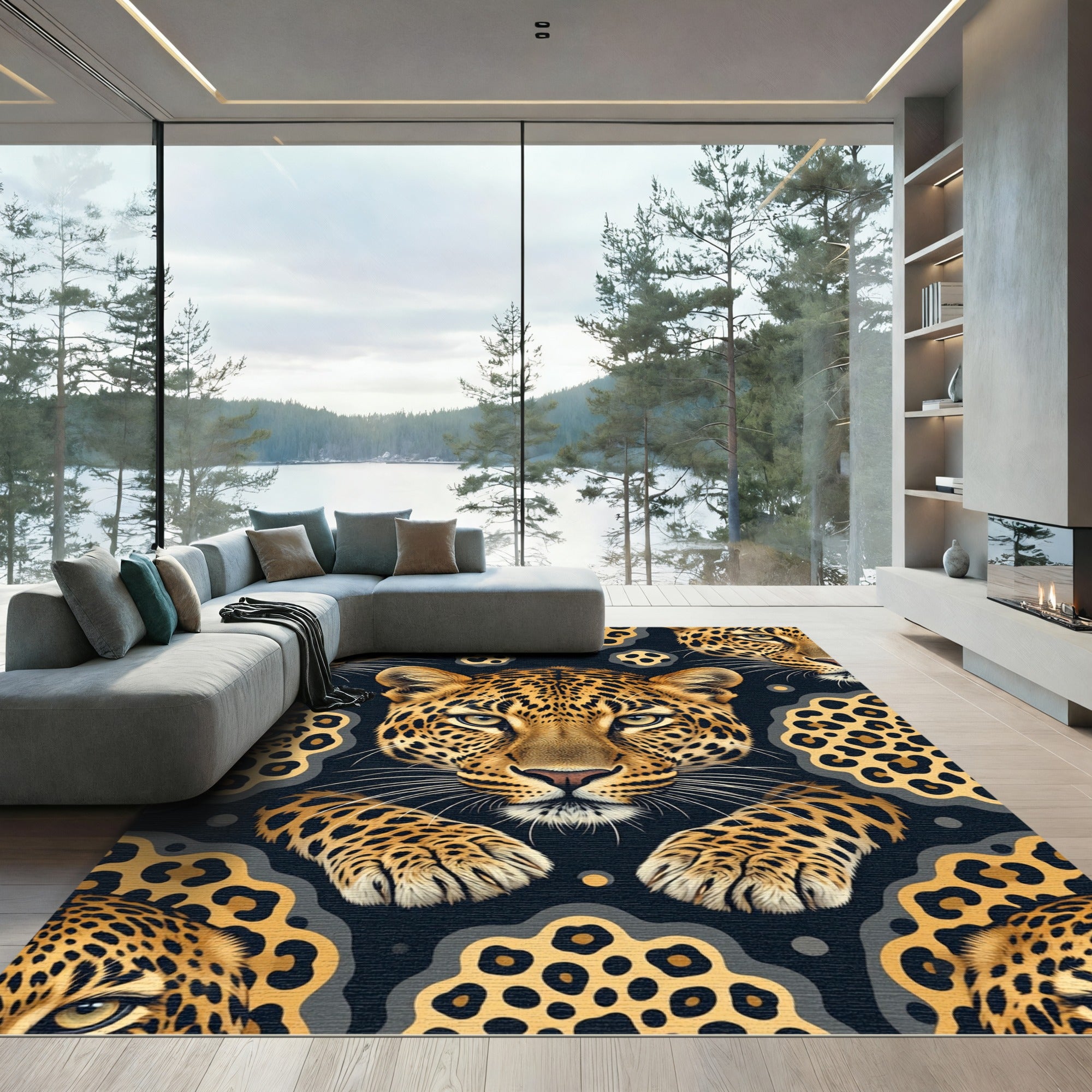 Jungle Leopard Face Dark Gray Accent Rug