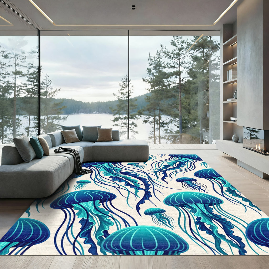 Ethereal Blue Jellyfish Ocean Swirls Rug