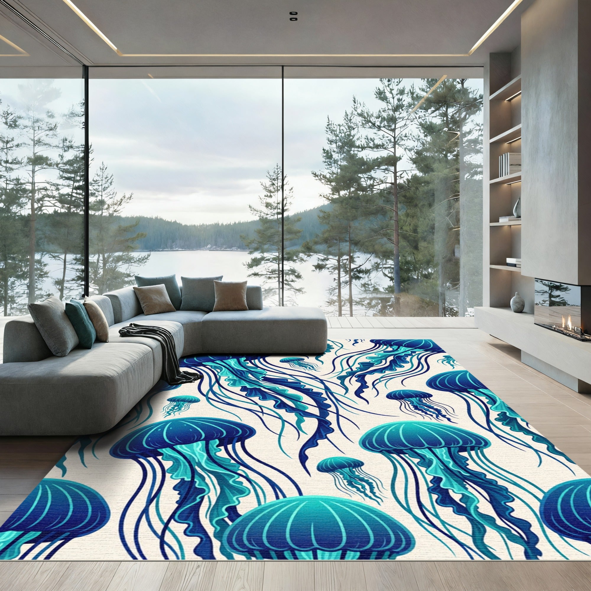 Ethereal Blue Jellyfish Ocean Swirls Rug