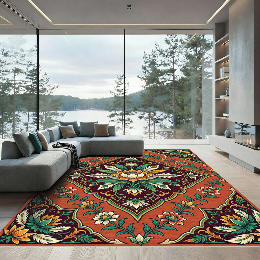 Terracotta Floral Lotus Medallion Rug