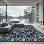 Navy Golden Blue Floral Medallion Rug