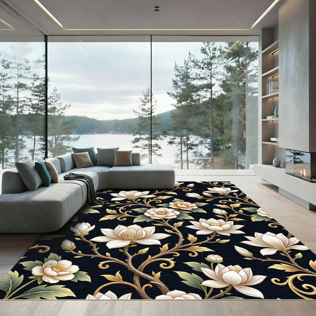 Rich Cream Magnolia Vine Pattern Rug
