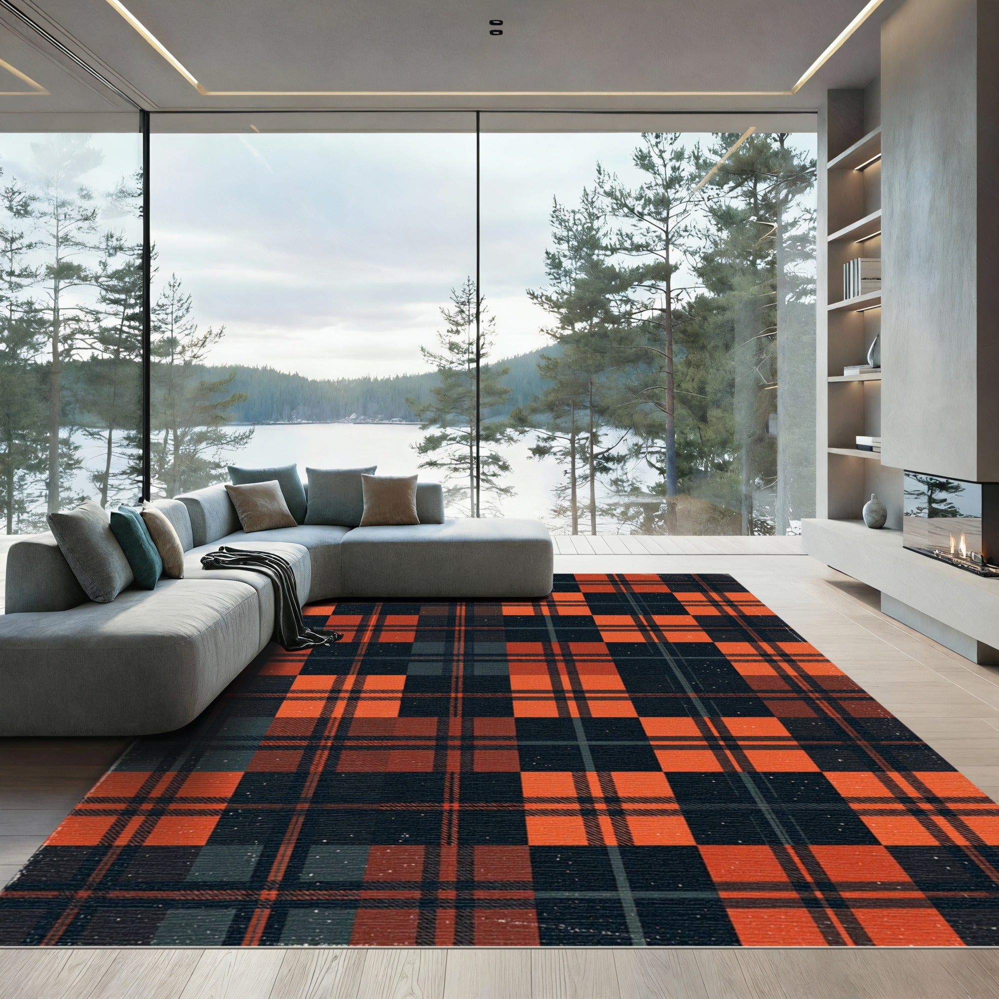 Rustic Burnt Orange Black Plaid Check Rug