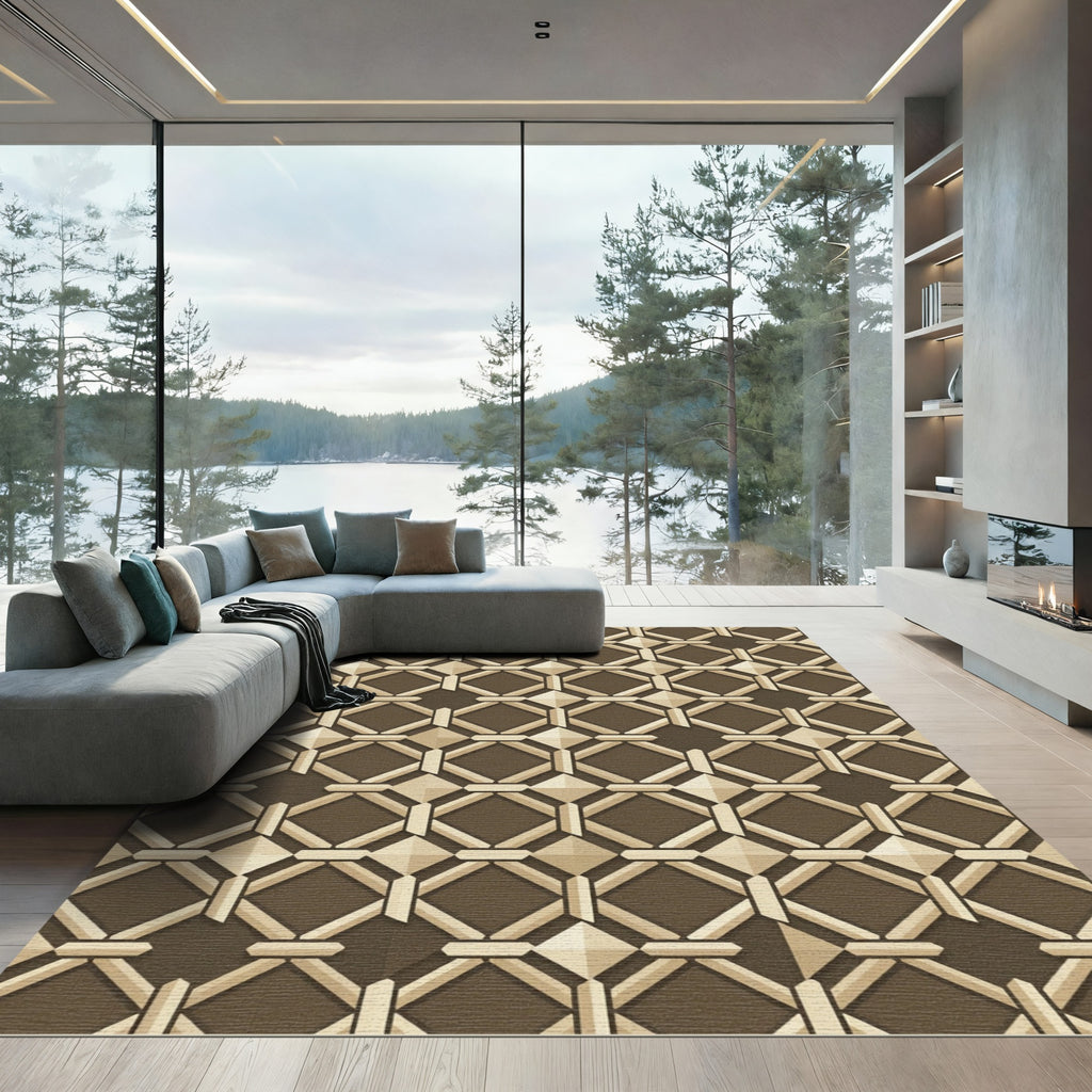 Contemporary Geometric Bronze Lattice Grid Rug