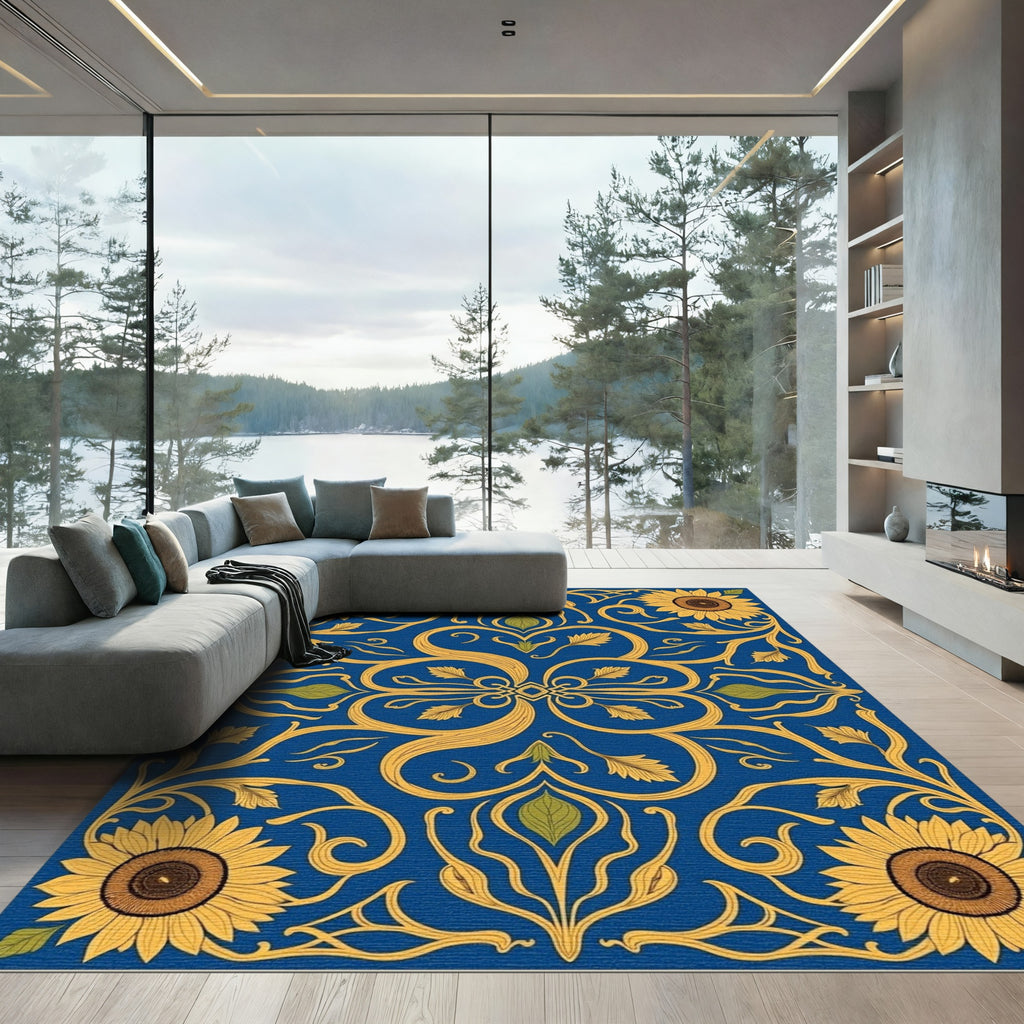 Blue Yellow Sunflower Art Nouveau Rug