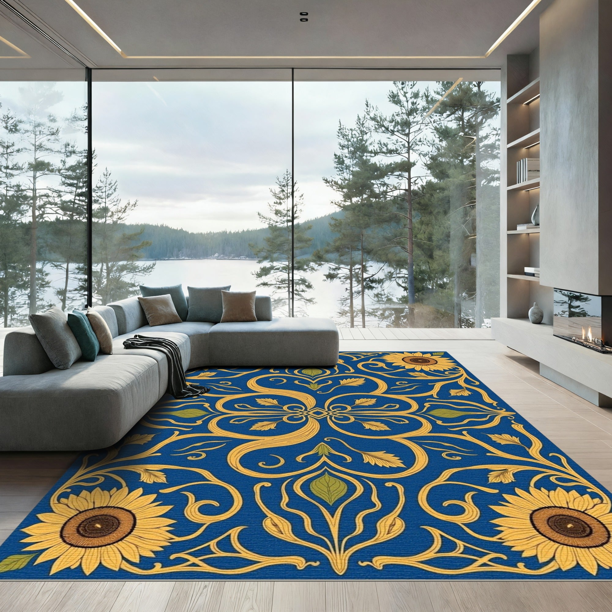 Blue Yellow Sunflower Art Nouveau Rug