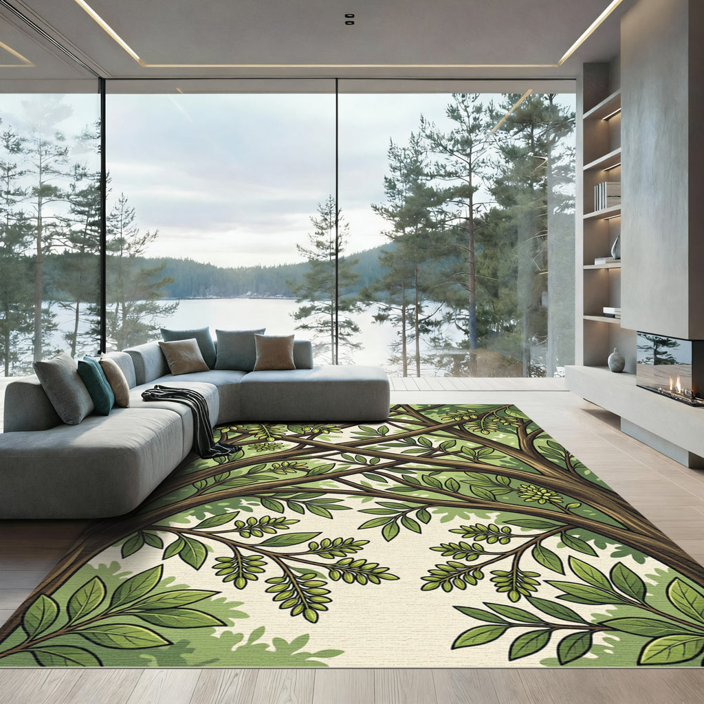 Lush Green Canopy Botanical Foliage Rug