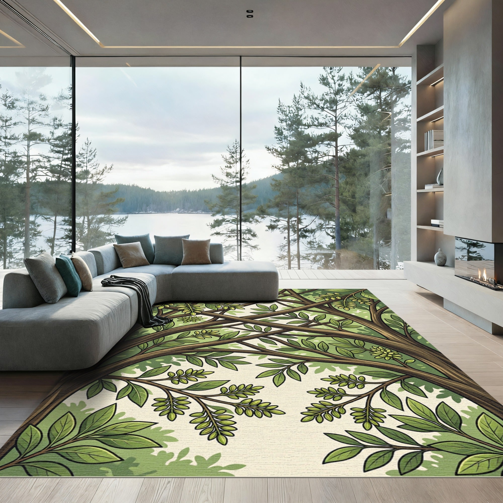 Lush Green Canopy Botanical Foliage Rug