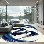 Dynamic Navy Ink Calligraphy Swirl Rug