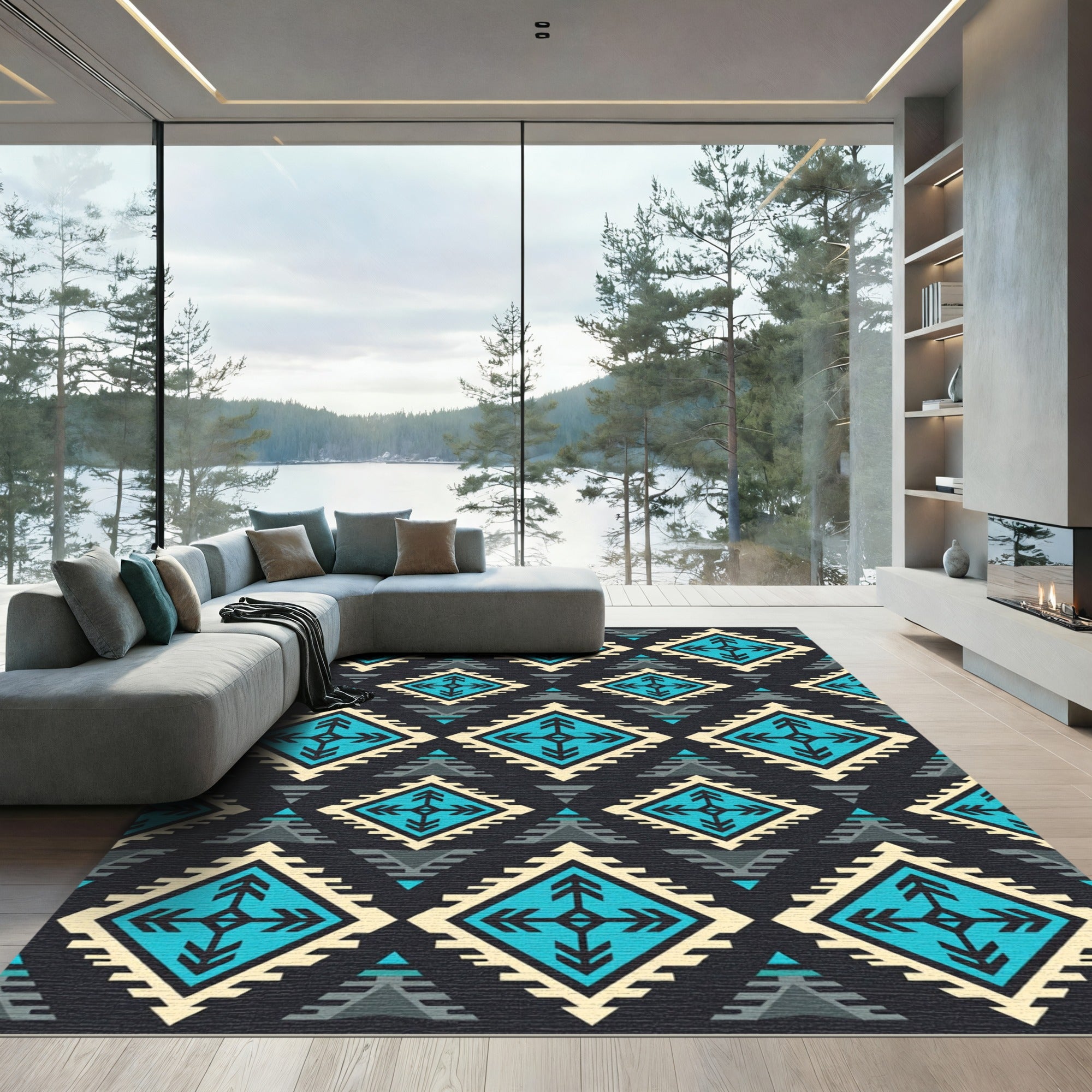 Southwestern Cyan Geometric Diamond Tapestry Rug