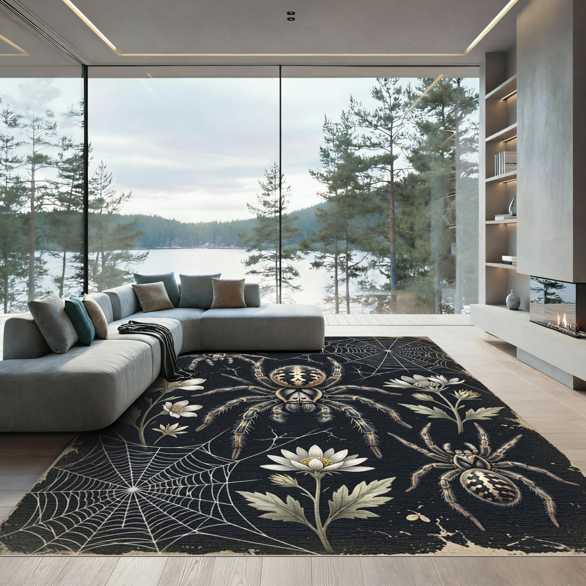 Gothic Spider and White Flower Illustration Rug