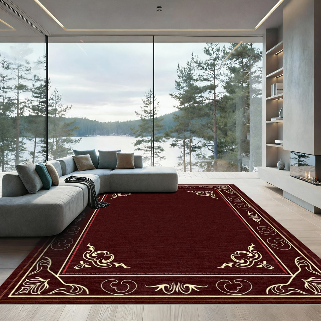 Deep Burgundy Ivory Ornate Borders Rug