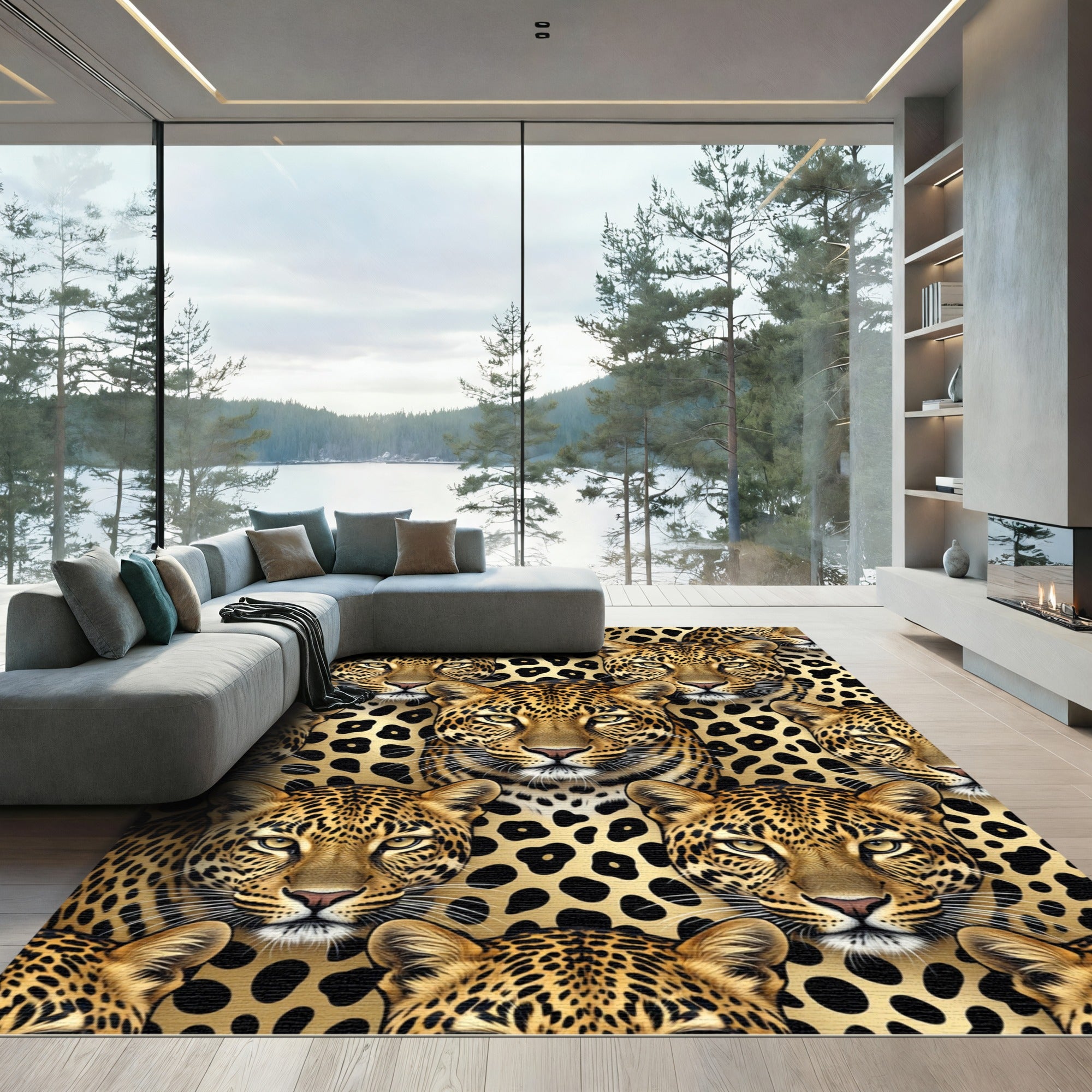 Majestic Golden Leopard Face Repeating Spots Rug