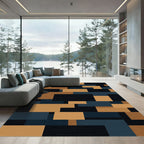 Modern Navy and Ochre Geometric Block Rug