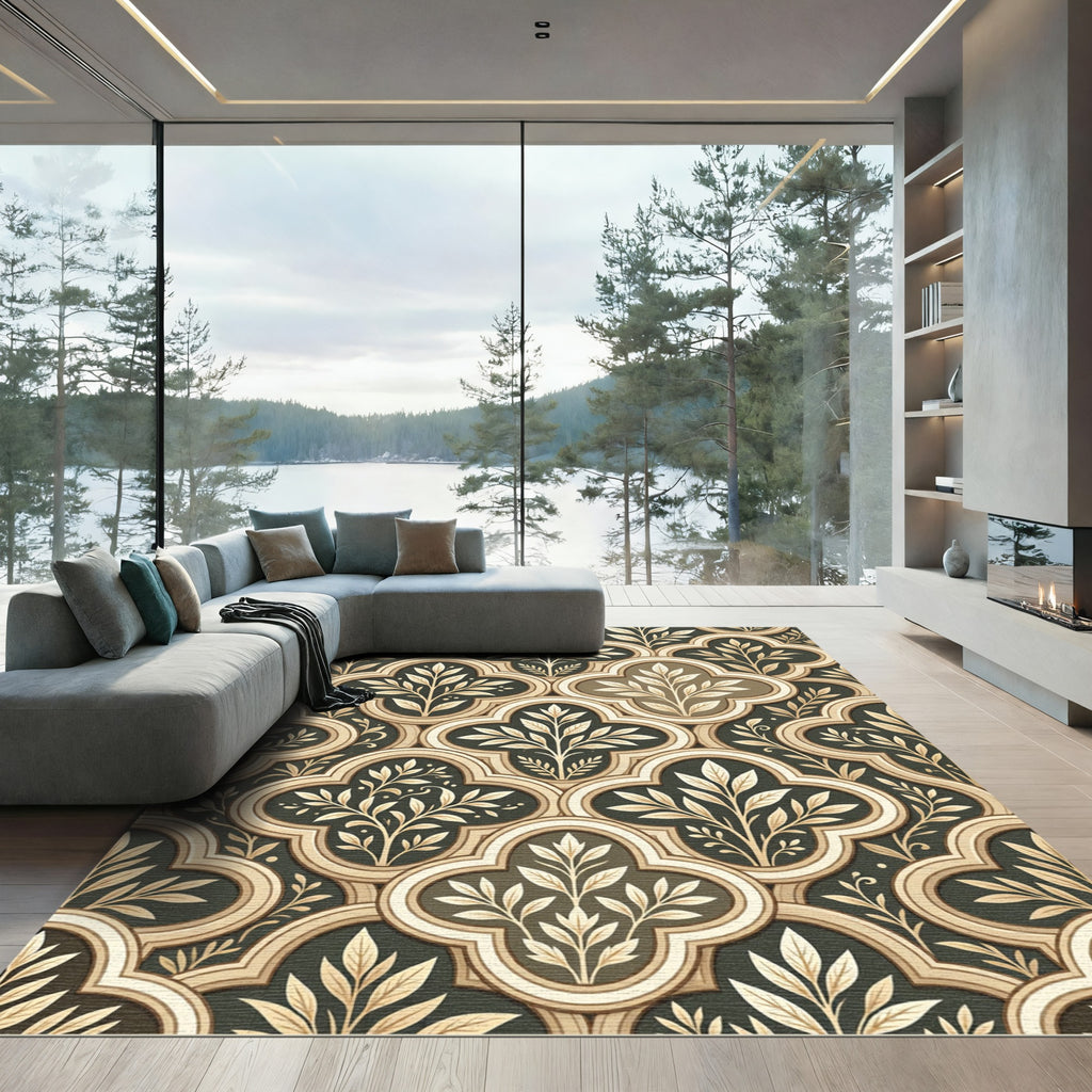 Dark Cream Quatrefoil Leaf Repeating Rug