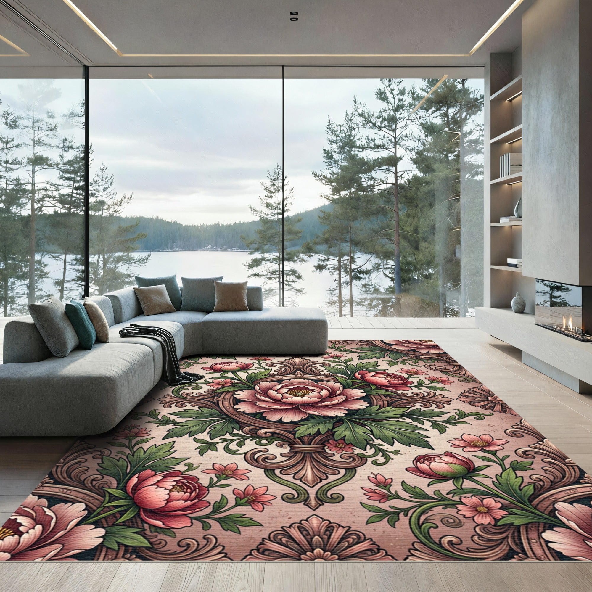 Elegant Blush Peony Floral Damask Rug