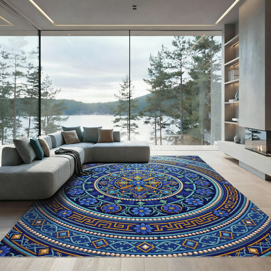 Deep Blue Golden Floral Circular Medallion Rug