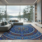Deep Blue Golden Floral Circular Medallion Rug