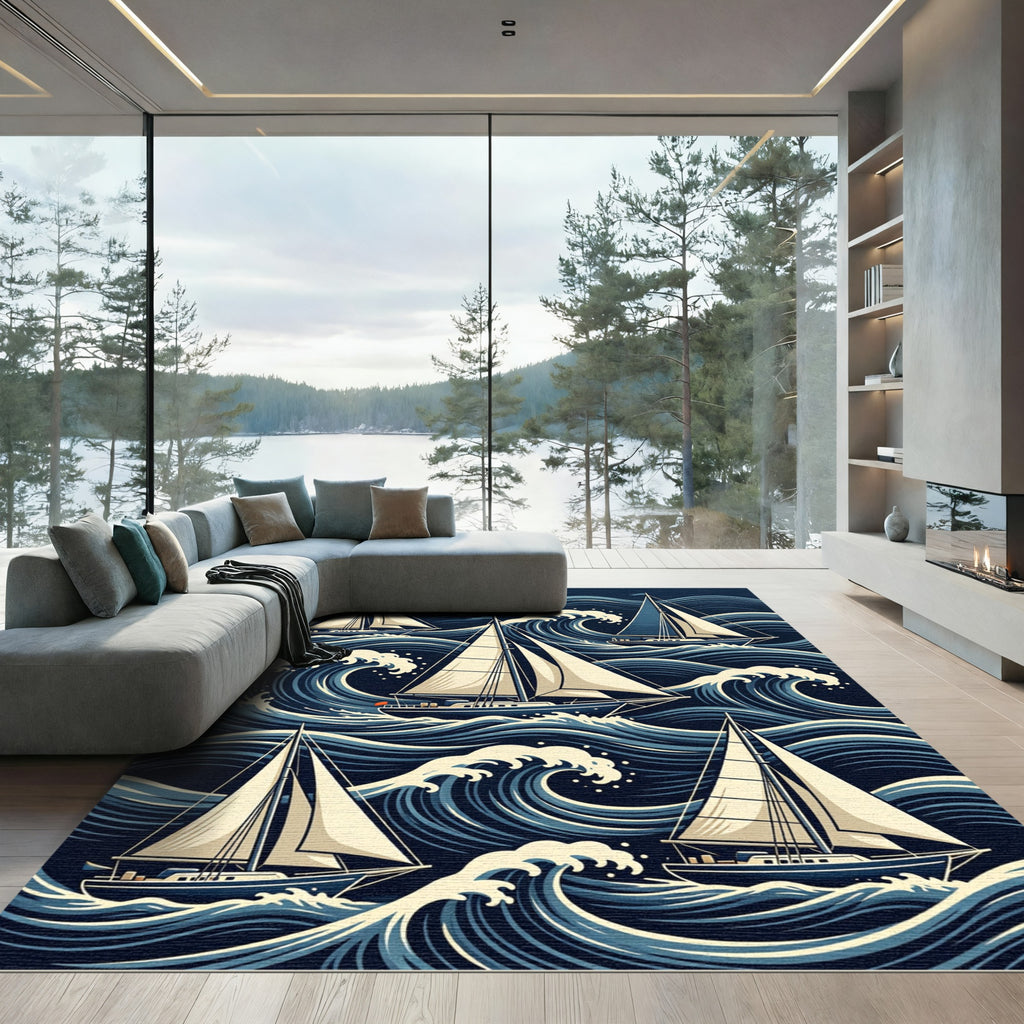 Navy Blue Sailboat Nautical Wave Composition Rug