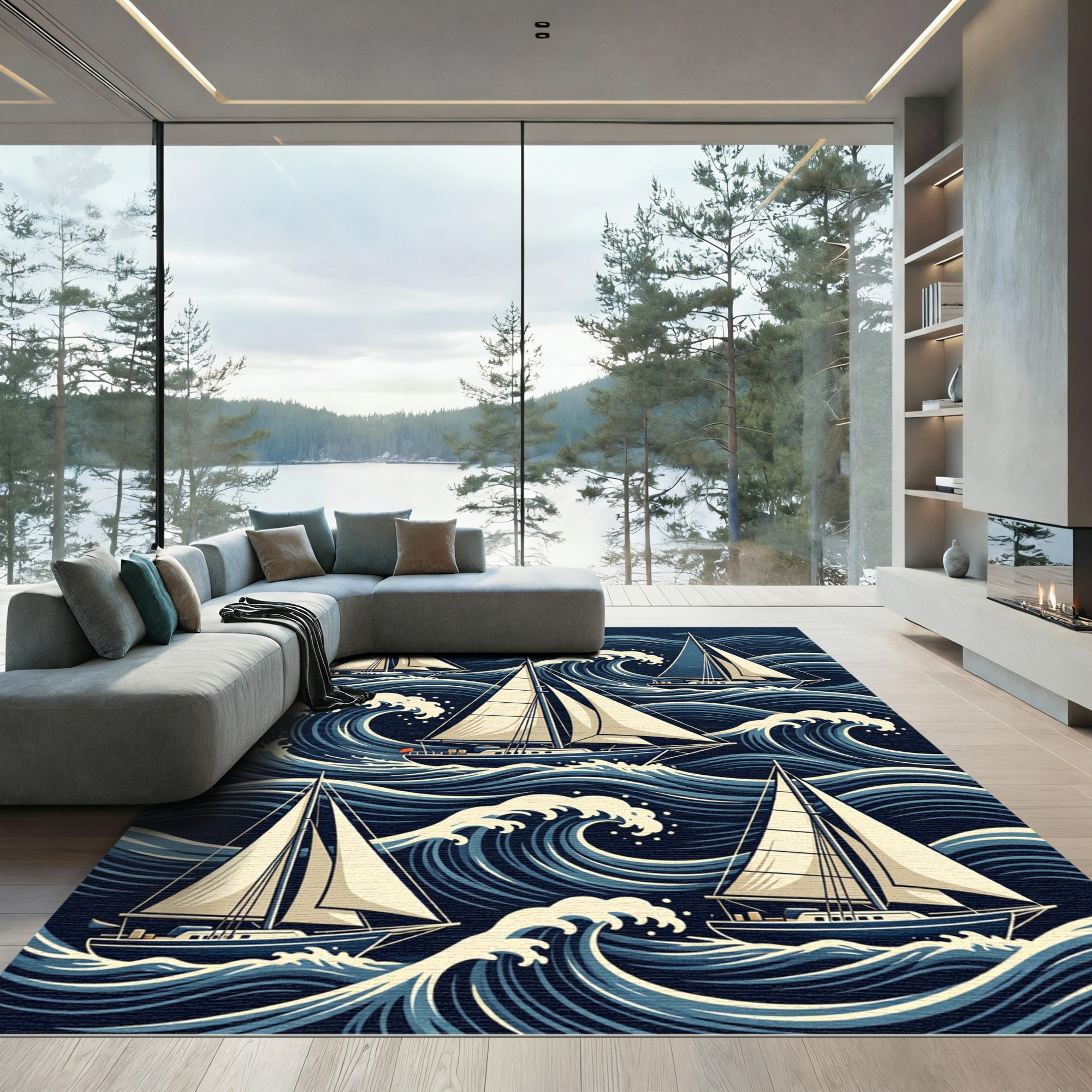 Navy Blue Sailboat Nautical Wave Composition Rug