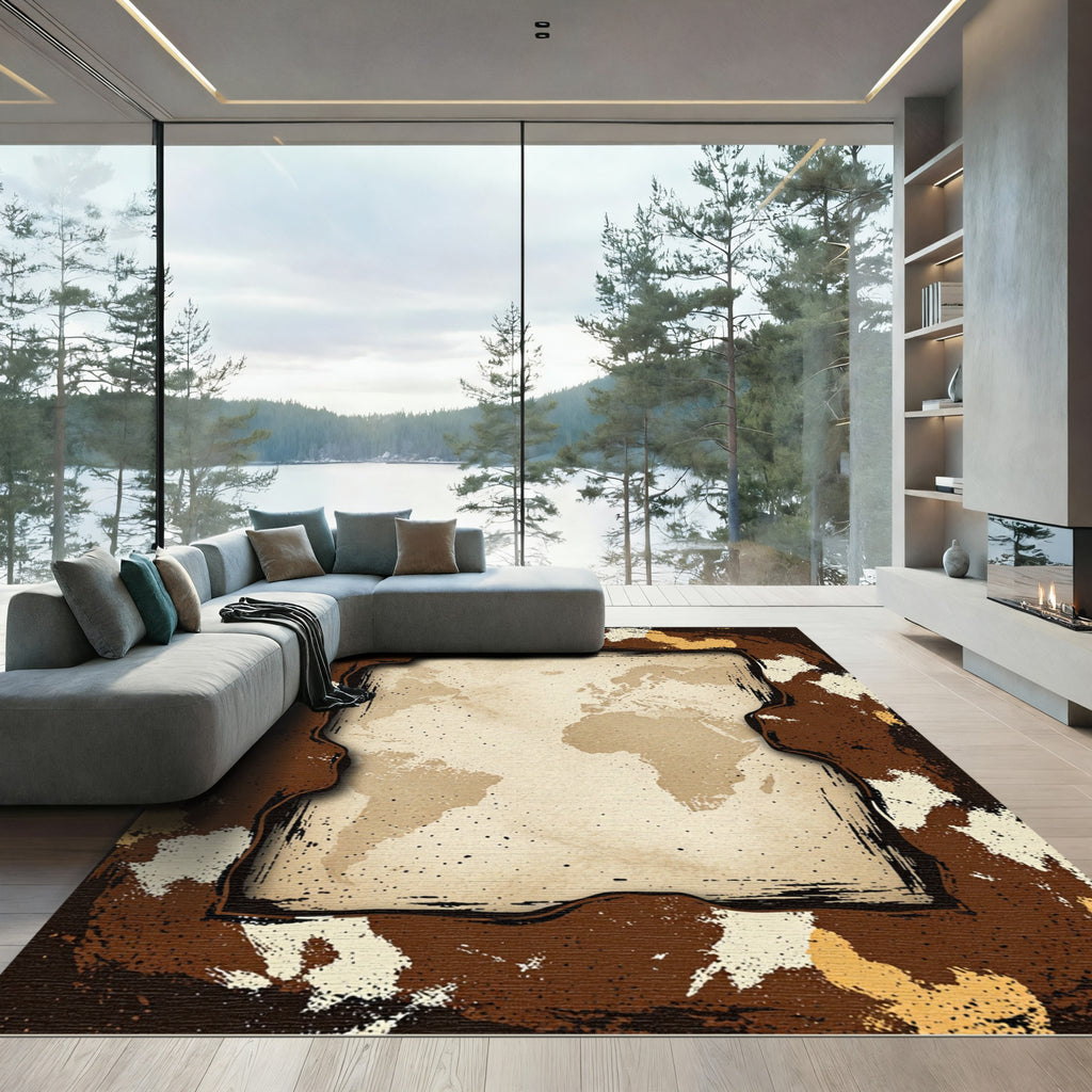 Aged World Map Grunge Border Rug