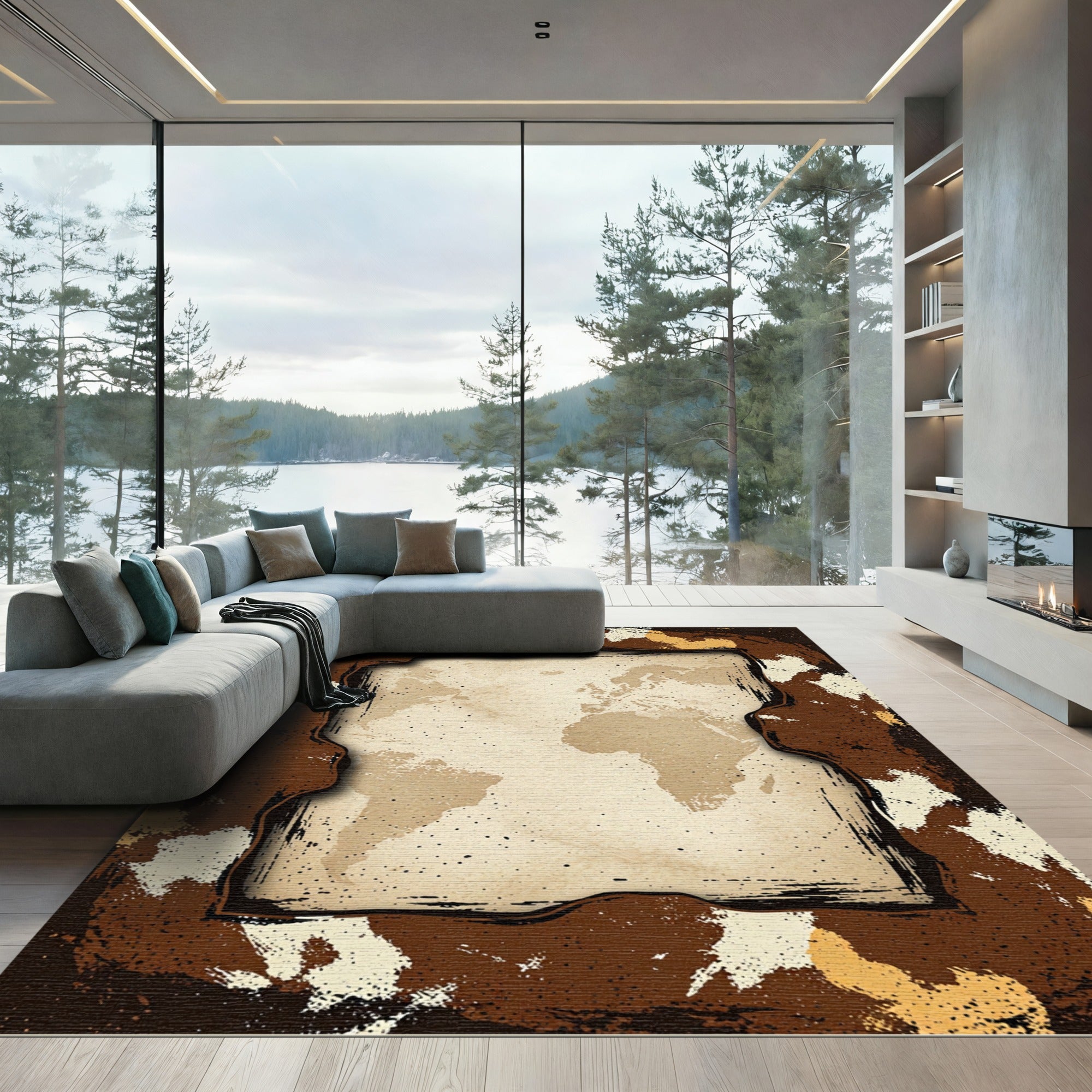 Aged World Map Grunge Border Rug