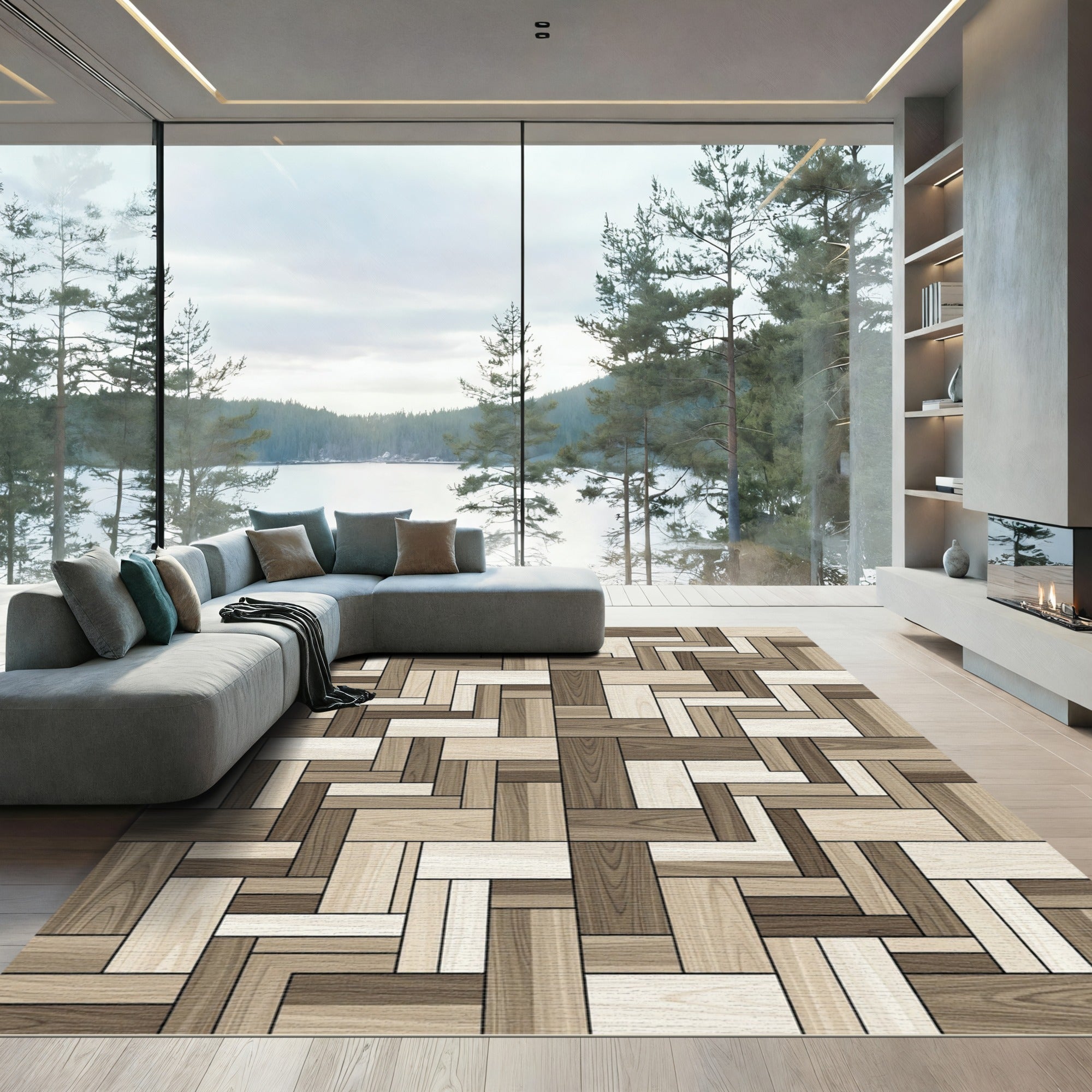 Modern Neutral Toned Parquet Wood Block Rug