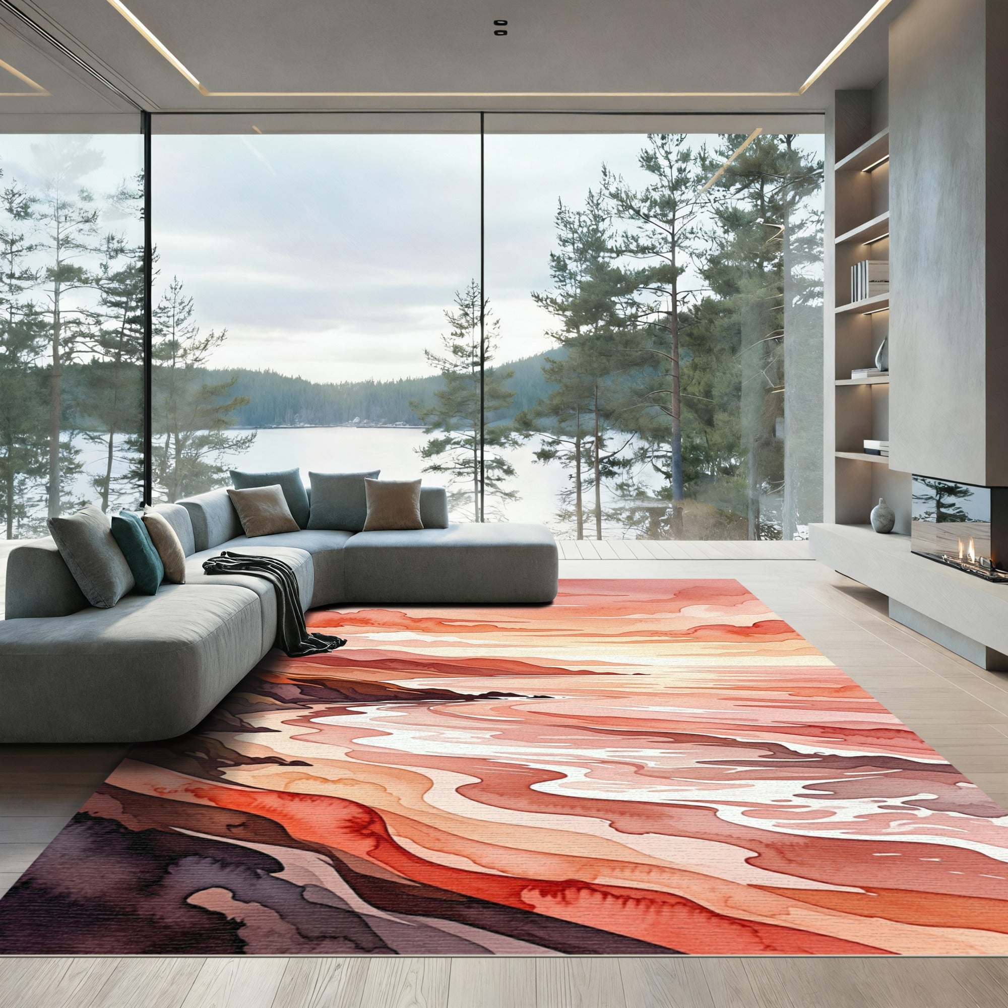 Watercolor Sunset Coastal Landscape Rug