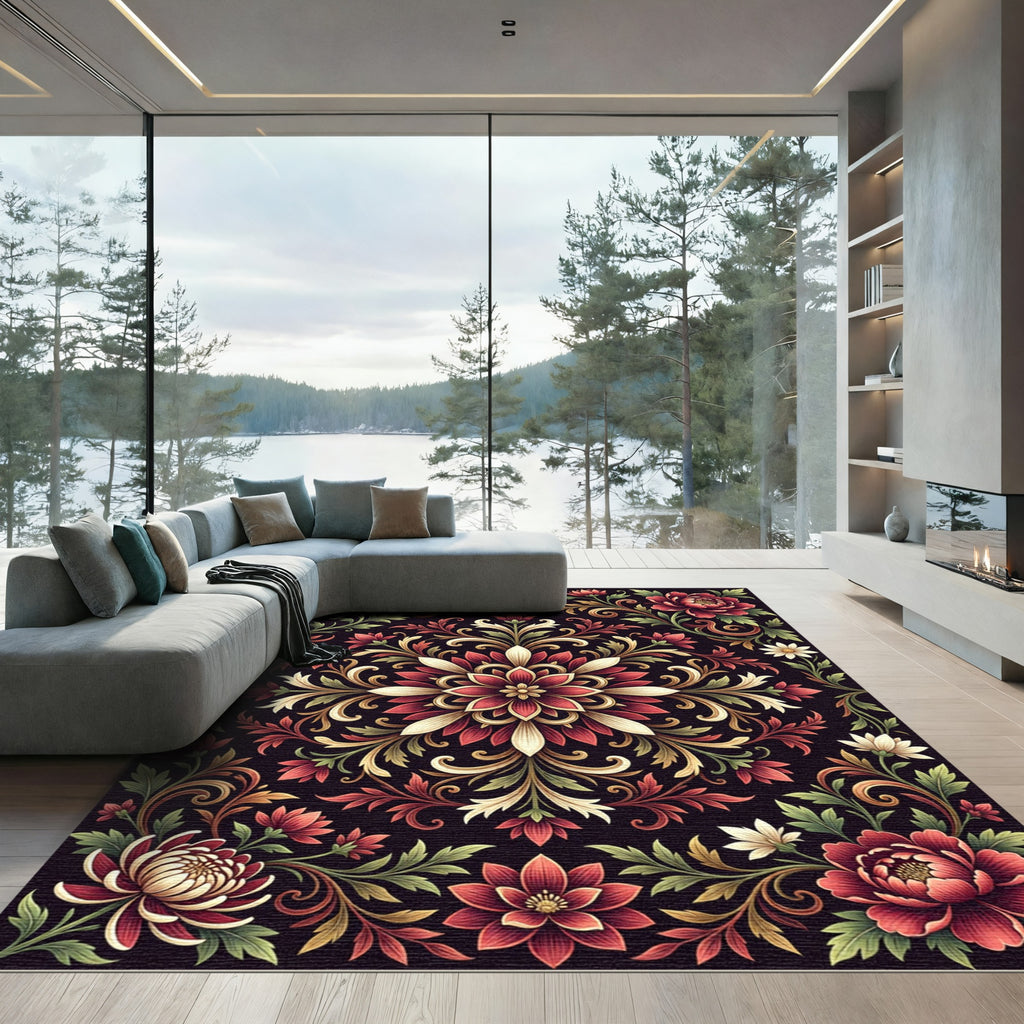 Dark Floral Medallion with Crimson Blossoms Rug