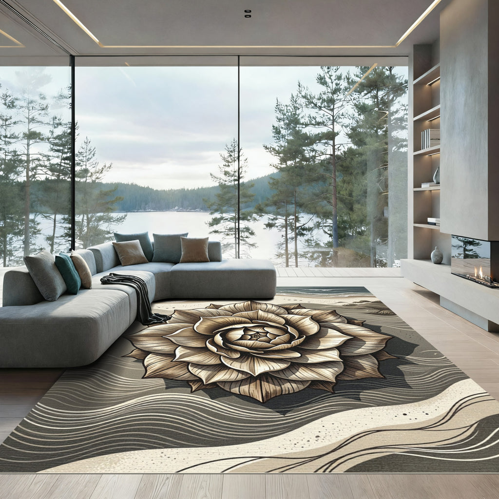 Neutral Zen Lotus Sand Wave Art Rug