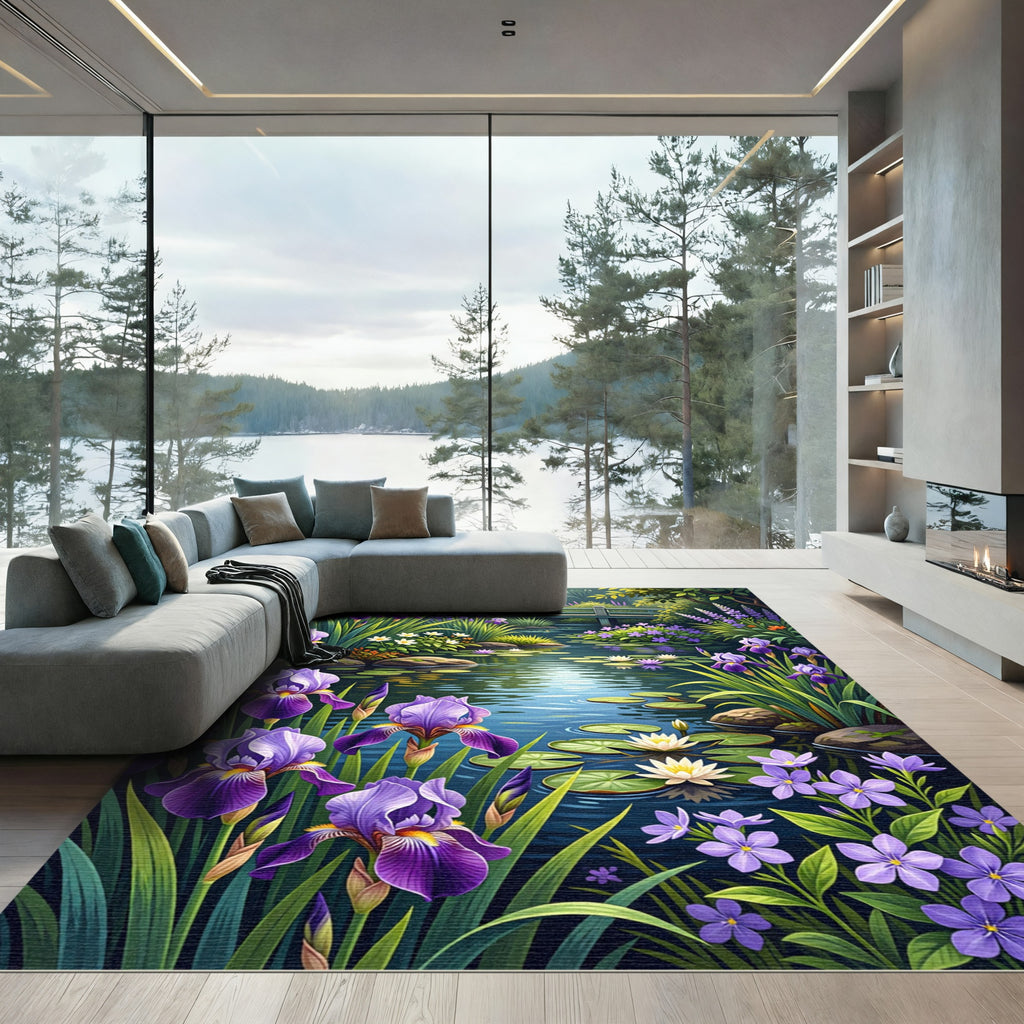 Vibrant Purple Iris Pond Garden Rug