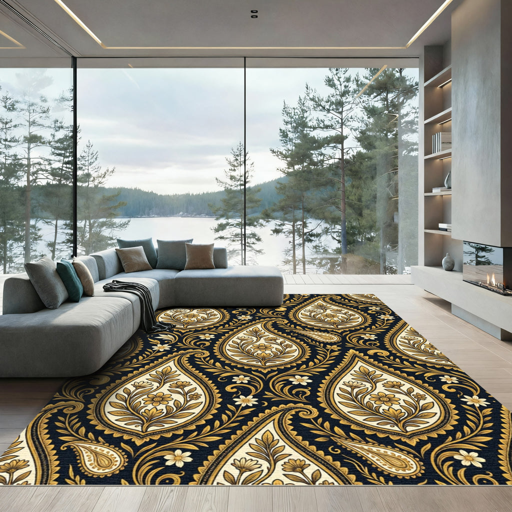 Elegant Gold Paisley Midnight Floral Rug