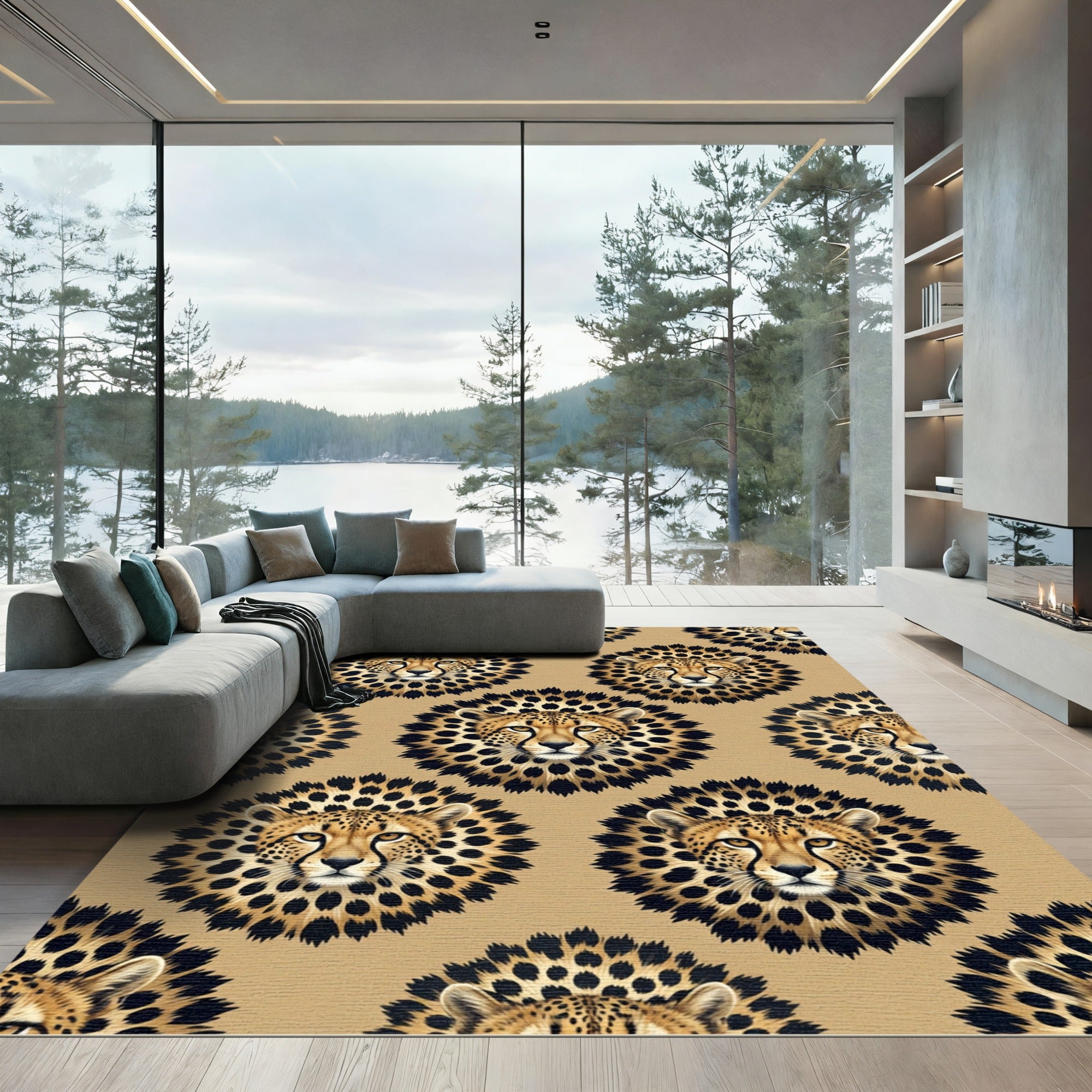 Golden Cheetah Face Floral Symmetry Rug