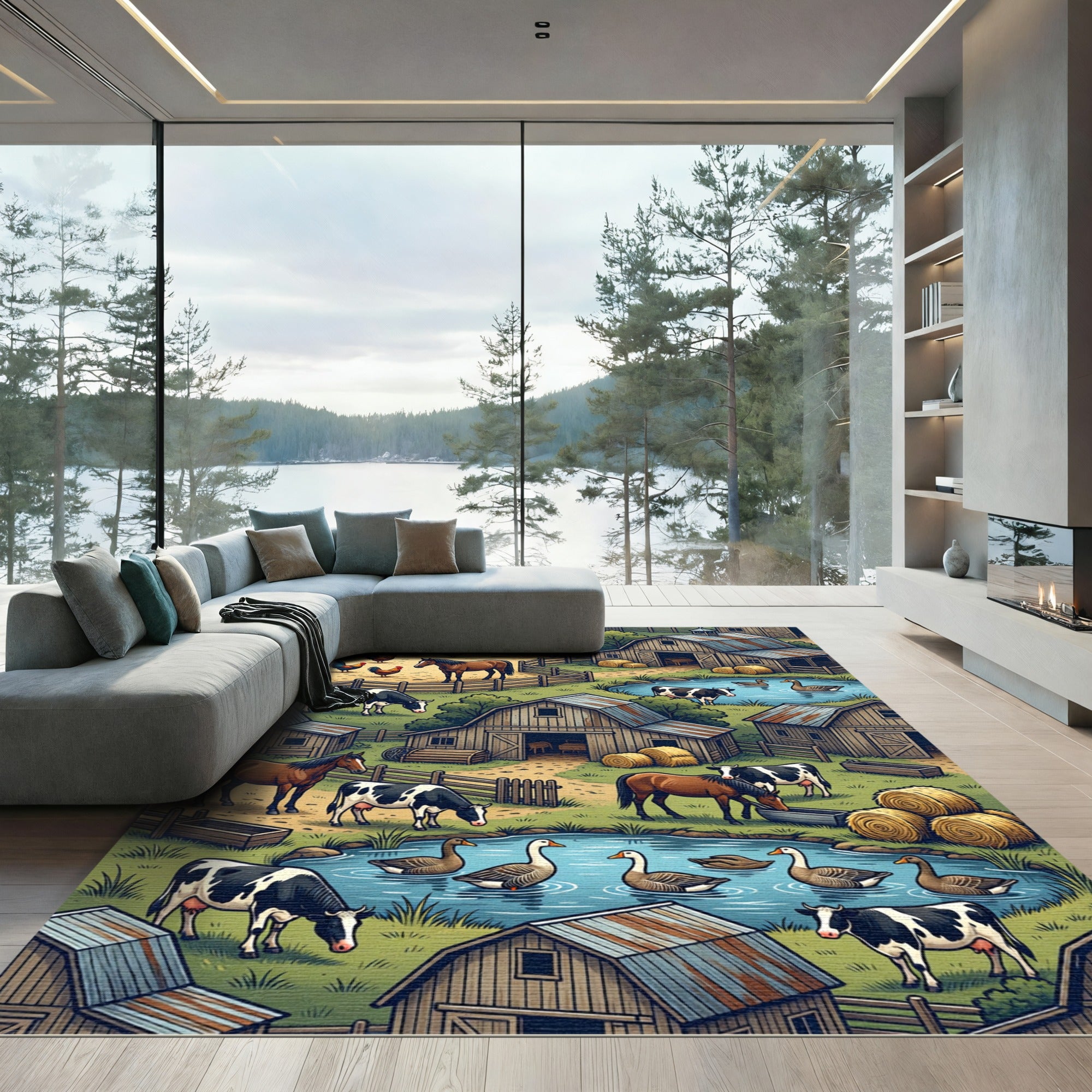 Charming Country Farm Life Scene Rug