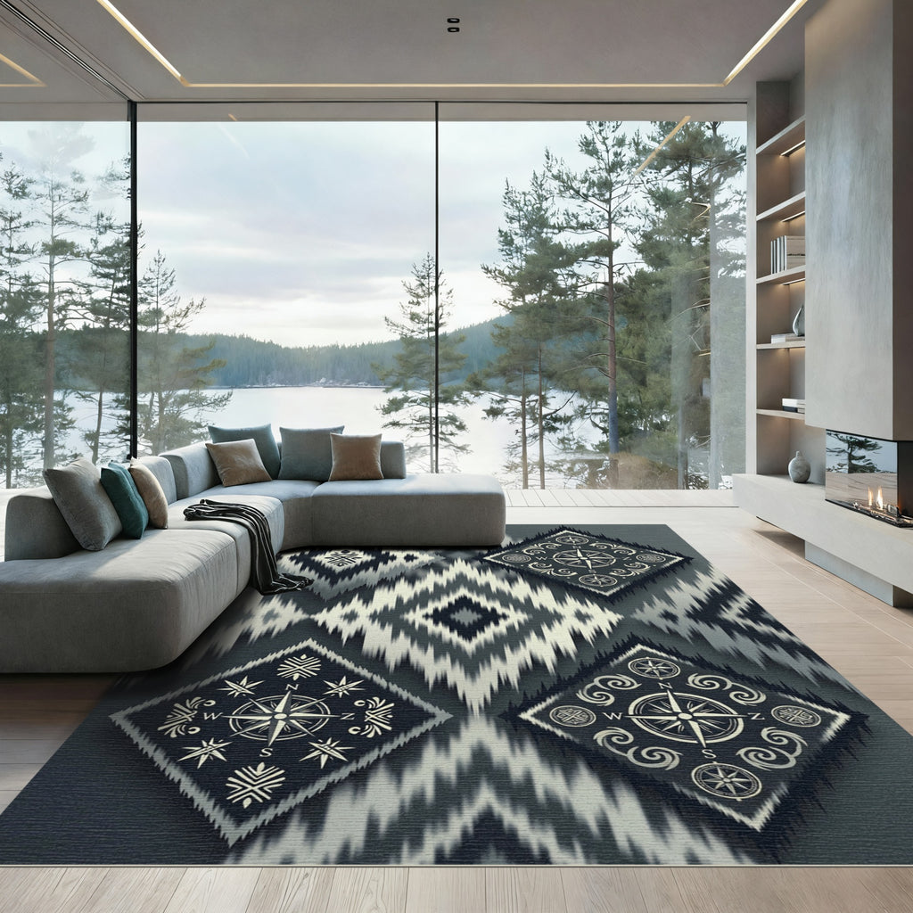 Monochromatic Compass Ikat Diamond Rug